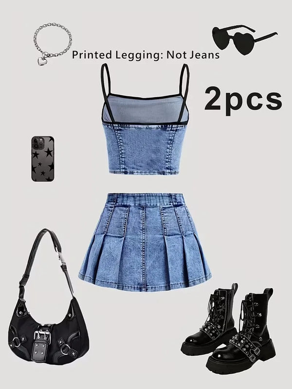 Girls-2-Piece-Faux-Denim-Outfit-Denim-Print-Cami-Crop-Top-Pleated-Mini-Skirt-Set-Non.jpg